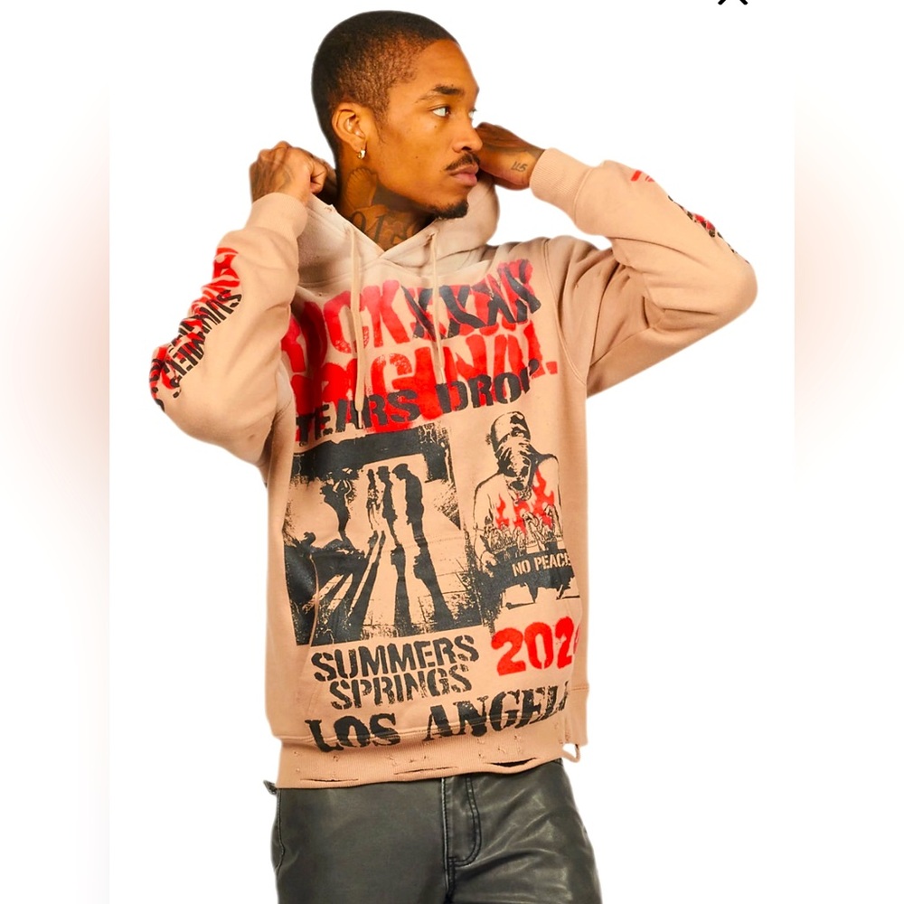Men’s Small - Rockstar Original Khaki Distressed Graphic Hoodie